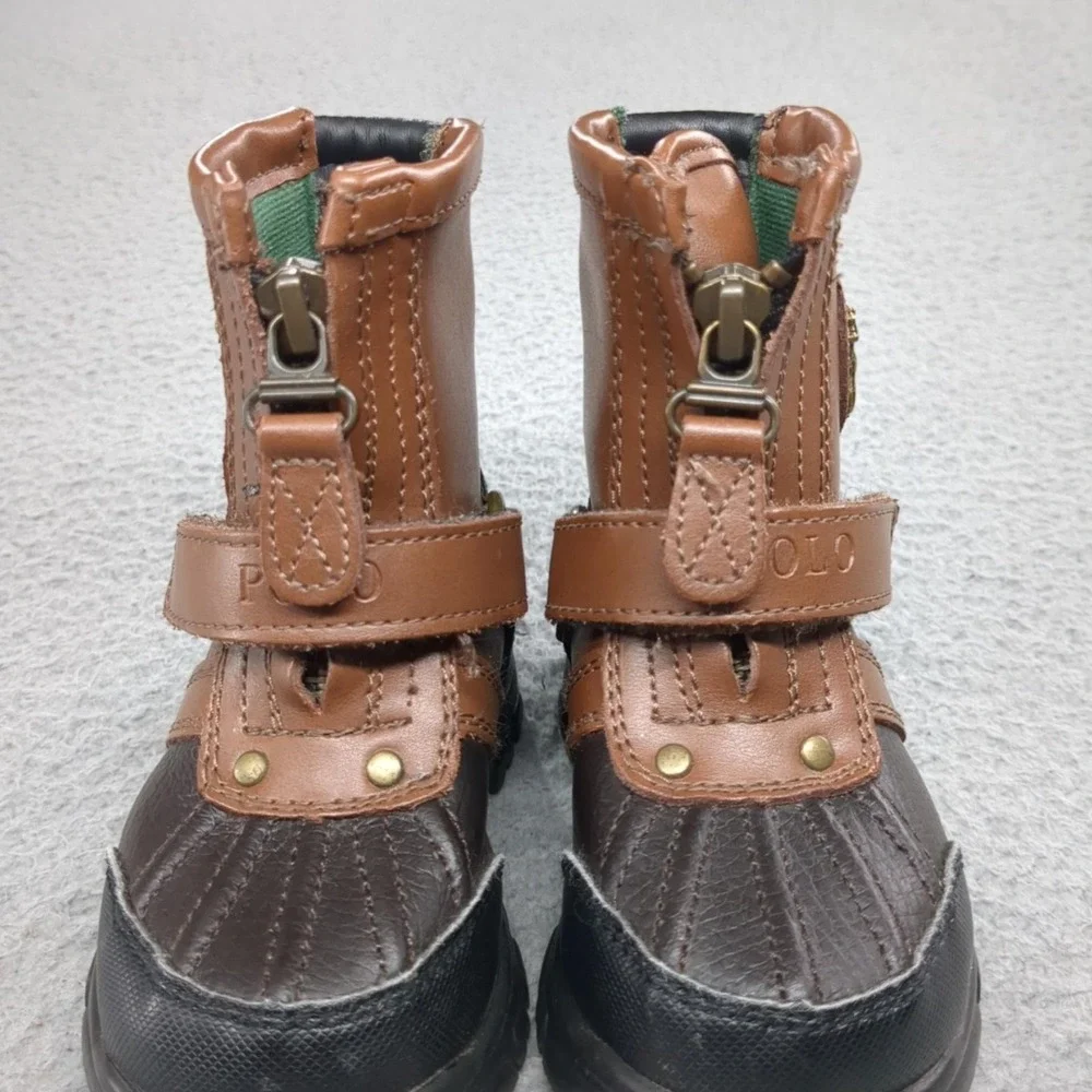 Polo Ralph Lauren Snow Boots Boys 5 Brown Duck Boot Zip Strap Winter Lined